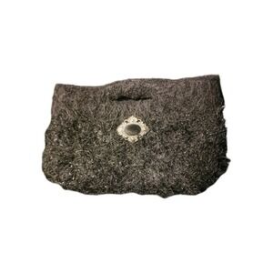 Handbag Clutch Fuzzy Black 9" × 6" With Black Cameo Broach Hook & Loop Closure